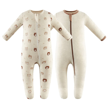 100% Cotton Footed Zip Pajamas 2 pack - Mini Bears & Beige for babies, soft and cozy sleepwear.