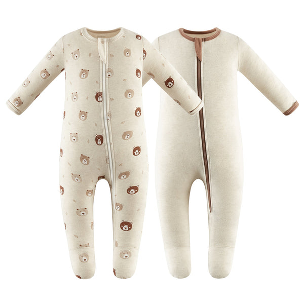 100% Cotton Footed Zip Pajamas 2 pack - Mini Bears & Beige for babies, soft and cozy sleepwear.