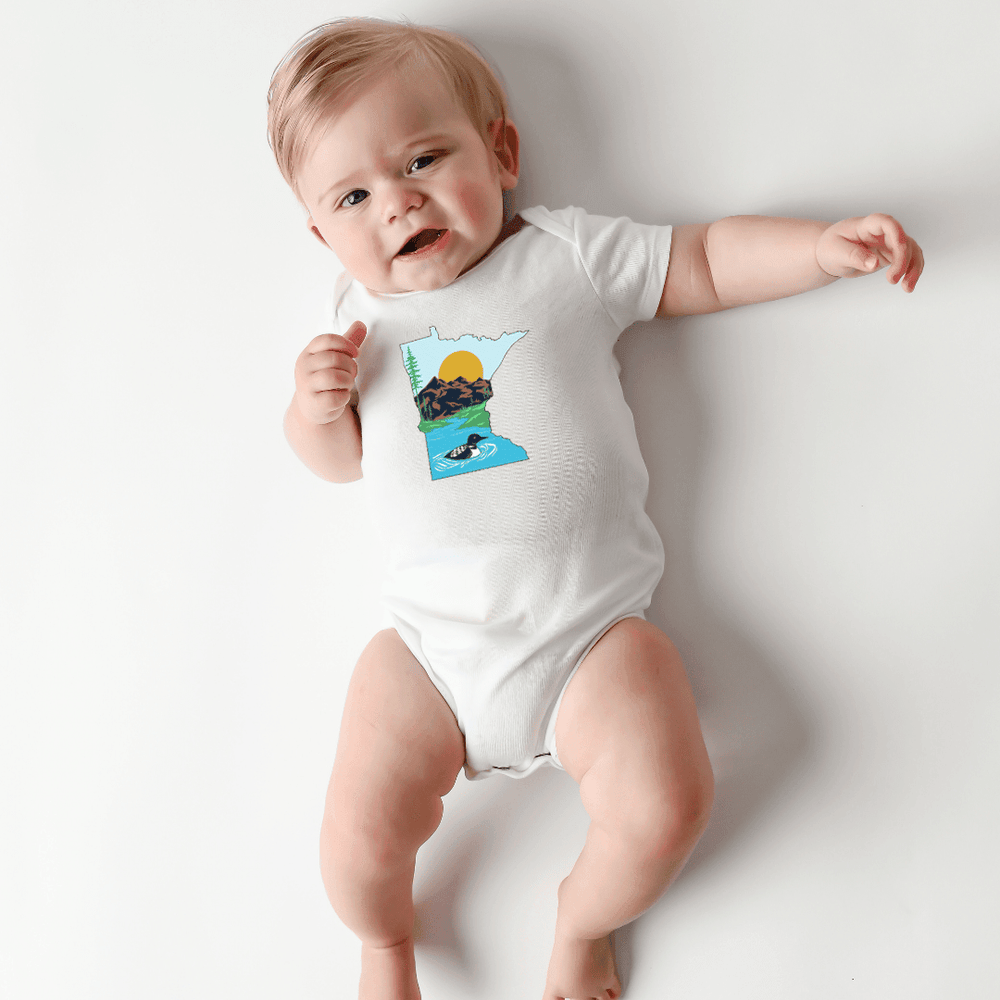 Minnesota Loon Baby Onesie - Cute short sleeve bodysuit for infants featuring a whimsical loon design.