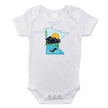 Minnesota Loon Baby Onesie - Cute short sleeve bodysuit for infants featuring a whimsical loon design.