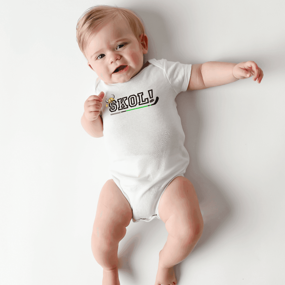 Minnesota Skol Baby Onesie - Short Sleeve Bodysuit for infants, featuring team colors and logo, perfect for little fans.