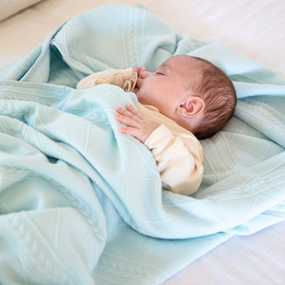Mint 50" x 60" full size knit throw blanket for babies, soft and cozy for comfort and warmth.