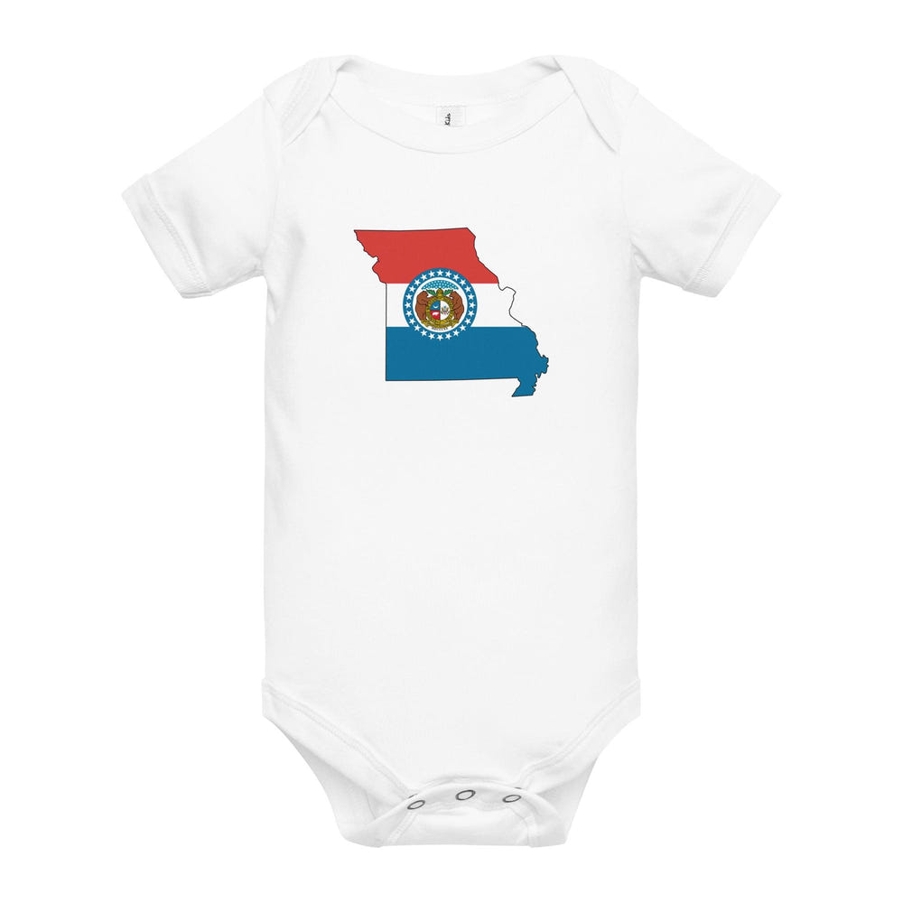 Missouri Flag Baby Onesie - Short Sleeve Bodysuit for infants, featuring vibrant state flag design.
