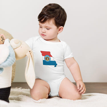 Missouri Flag Baby Onesie - Short Sleeve Bodysuit for infants, featuring vibrant state flag design.