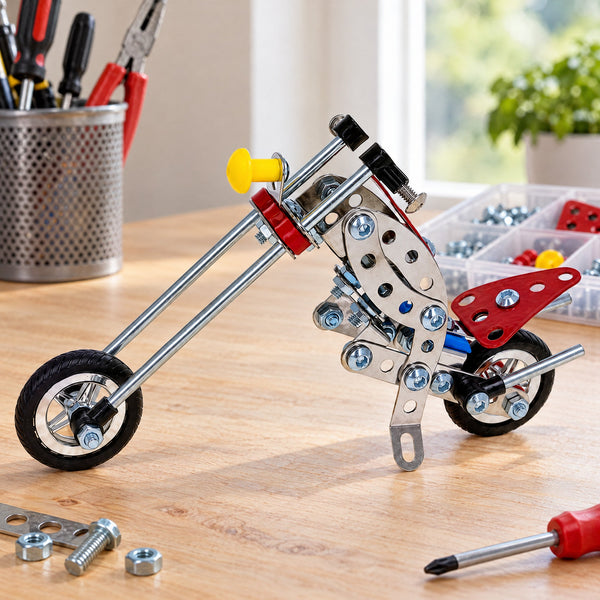 Metal Motorcycle Model Kit Buildable Chopper Toy with Bolts & Tools DIY  (105 Pieces) 7.5 Inches