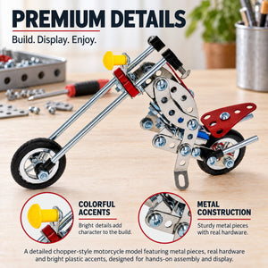 Metal Motorcycle Model Kit Buildable Chopper Toy with Bolts & Tools DIY  (105 Pieces) 7.5 Inches