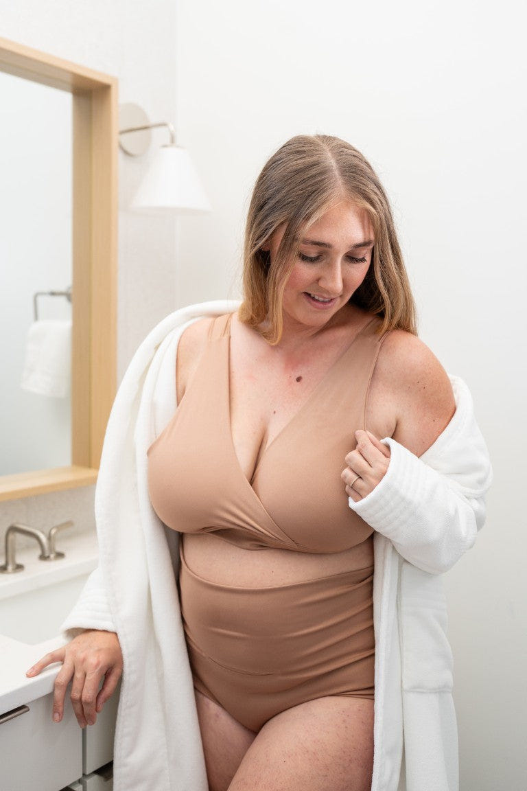 Mocha Mousse FourthWear postpartum bralette 3-set with chest ice/heat pack for comfort and support.
