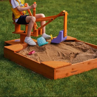 Durable wooden sandbox for outdoor play, ideal for kids and excavators. Perfect addition to any backyard playset.