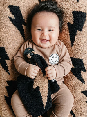 Mocha Lightning Bolt Plush Lovey for babies, soft and cuddly, perfect for comfort and playtime. Angle 2 view.