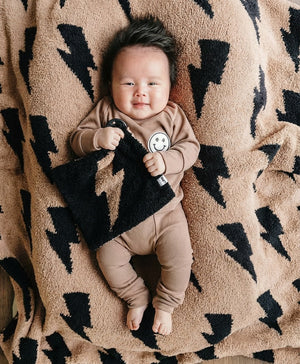 Mocha Lightning Bolt Plush Lovey for babies, soft and cuddly, perfect for comfort and playtime.