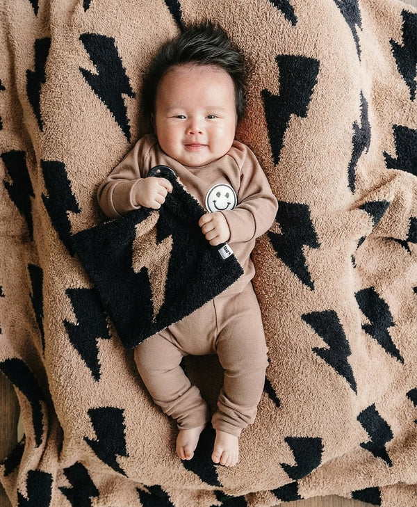 Mocha Lightning Bolt Plush Lovey for babies, soft and cuddly, perfect for comfort and playtime.