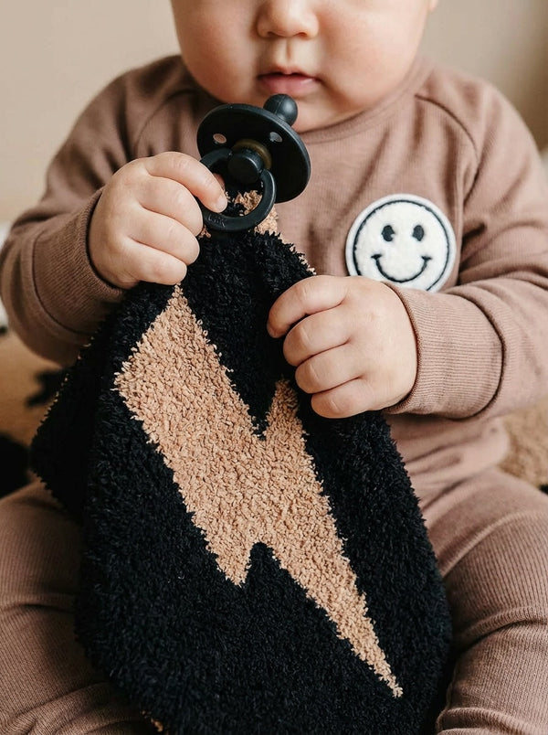 Lightning Bolt Plush Lovey in Mocha color, perfect for comforting babies and enhancing their playtime experience.