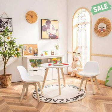 Modern Kids Activity Play Table and 2 Chairs Set with Beech Leg Cushion-White Kids Table & Chair Sets