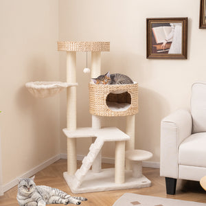 Modern Cat Tree for Indoor Cats with Cattail Fluff Condo and Top Perch-Natural