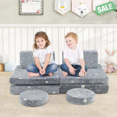 Modular Kids Play Couch Set Glow in the Dark with Portable Handles-Gray Gray Kids Chairs & Seating