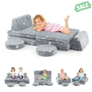 Modular Kids Play Couch Set Glow in the Dark with Portable Handles-Gray Gray Kids Chairs & Seating