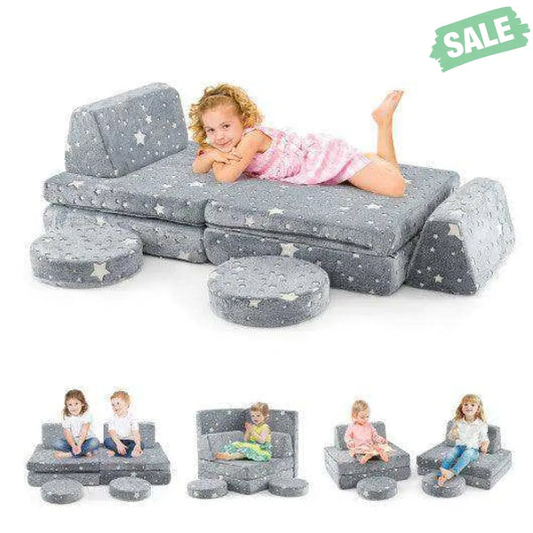 Modular Kids Play Couch Set Glow in the Dark with Portable Handles-Gray Gray Kids Chairs & Seating