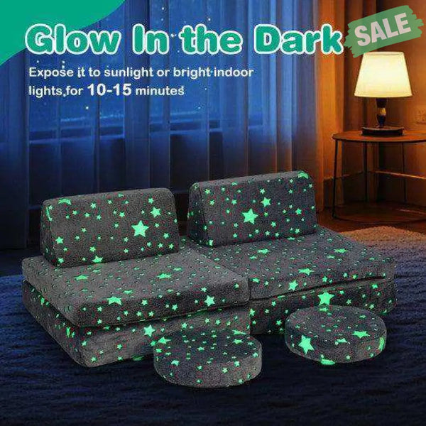 Modular Kids Play Couch Set Glow in the Dark with Portable Handles-Gray Gray Kids Chairs & Seating