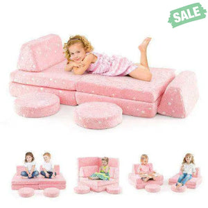 Modular Kids Play Couch Set Glow in the Dark with Portable Handles-Pink