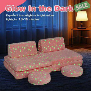 Modular Kids Play Couch Set Glow in the Dark with Portable Handles-Pink