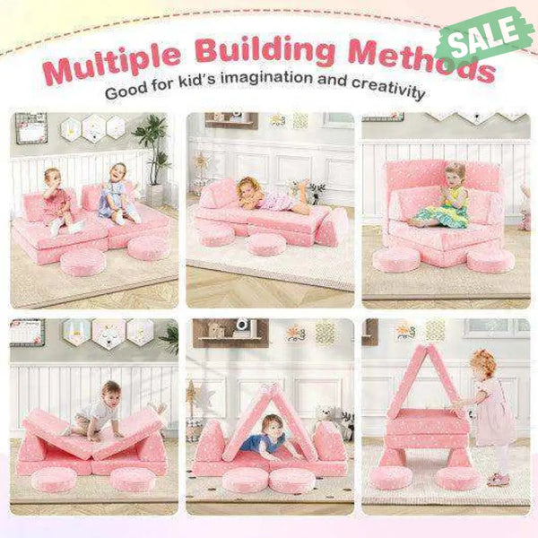 Modular Kids Play Couch Set Glow in the Dark with Portable Handles-Pink