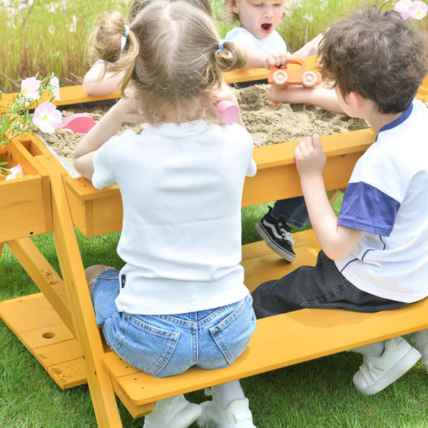 Mojave Picnic & Sand Table for kids, angled view showcasing vibrant design and versatile play features.