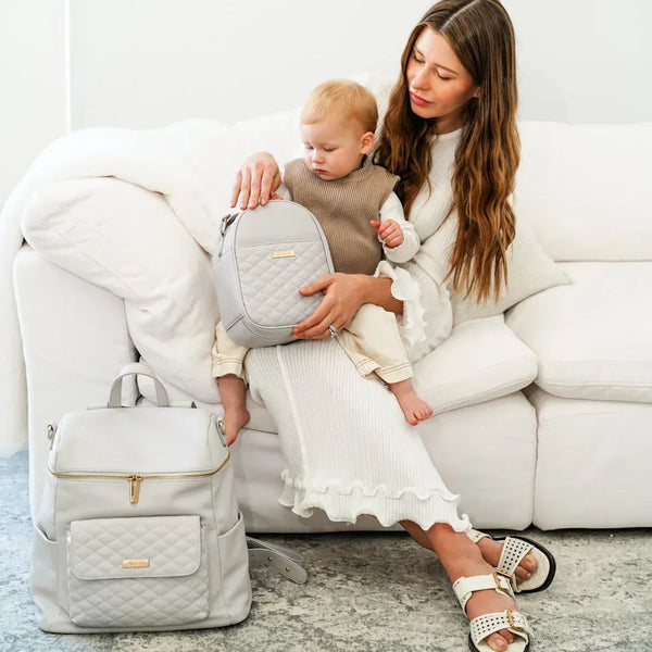 Signature Diaper Bag in Stone Grey, stylish and functional for parents on the go. Angle 11 view.