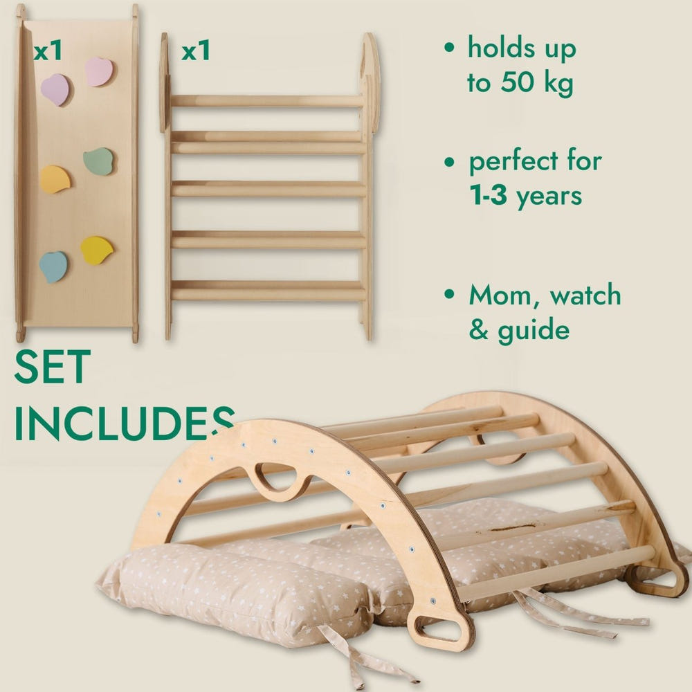 4in1 Montessori Climbing Set for toddlers: Pikler Triangle, Arch, Slide Board, and Cushion for active play and development.