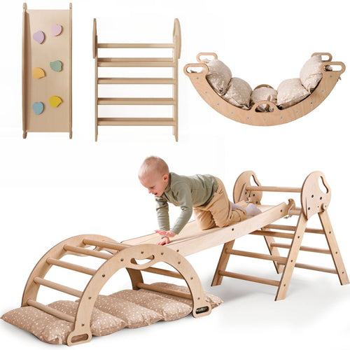 4in1 Montessori Climbing Set for toddlers: Pikler Triangle, Arch, Slide Board, and Cushion for active play and development.