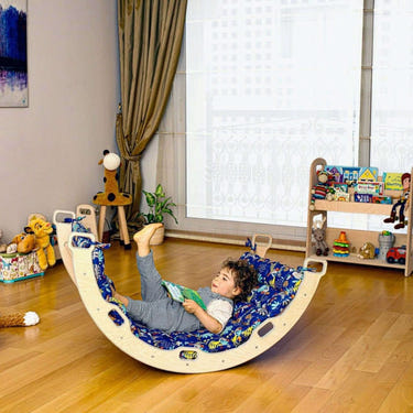 Montessori Arch with XL Forest Design Pillow for climbing and rocking, perfect for playful learning and development.