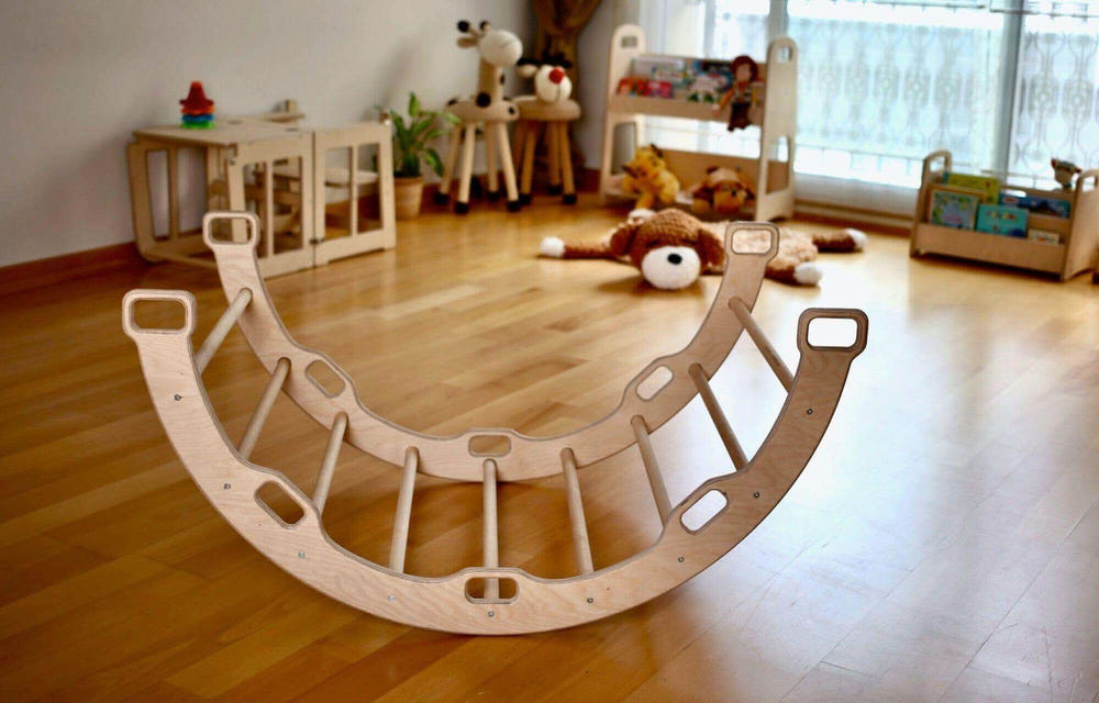Montessori Arch with XL Forest Design Pillow for climbing and rocking, perfect for playful learning and development.