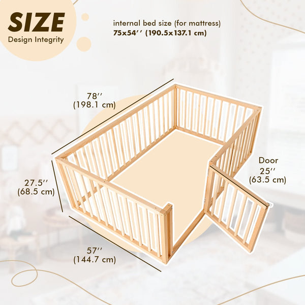 Full Montessori Floor Bed Frame for Toddlers with Fence