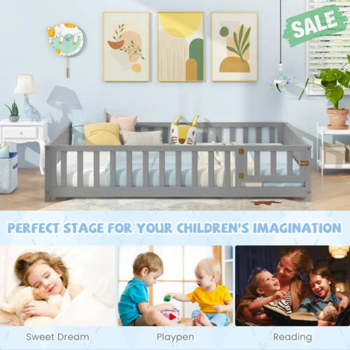 Montessori Bed Frame with Full-length Guardrails Safety Door and Latch-Gray Gray Toddler Beds