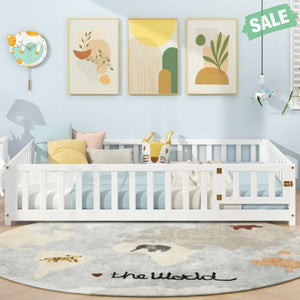 Montessori Bed Frame with Full-length Guardrails Safety Door and Latch-Gray Toddler Beds