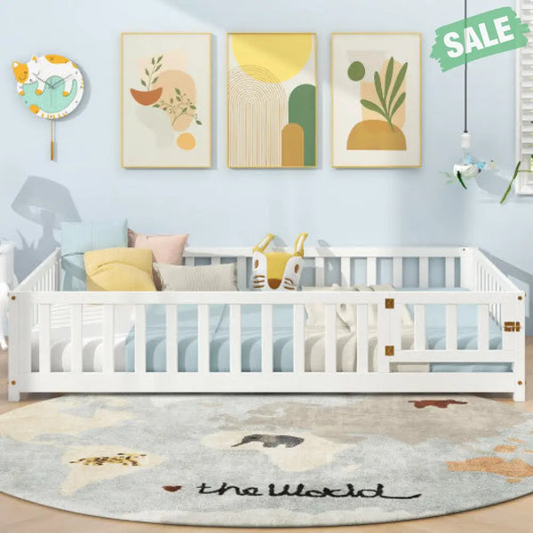 Montessori Bed Frame with Full-length Guardrails Safety Door and Latch-Gray Toddler Beds