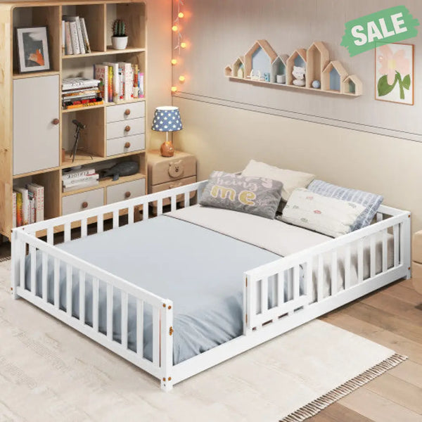Montessori Bed Frame with Full-length Guardrails Safety Door and Latch-Gray Toddler Beds