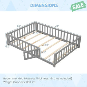Montessori Bed Frame with Full-length Guardrails Safety Door and Latch-Gray Toddler Beds