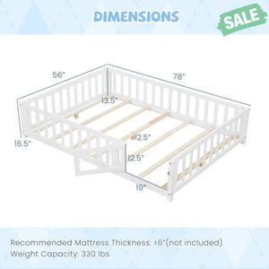 Montessori Bed Frame with Full-length Guardrails Safety Door and Latch-Gray Toddler Beds