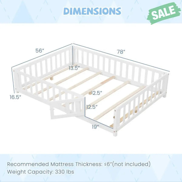 Montessori Bed Frame with Full-length Guardrails Safety Door and Latch-Gray Toddler Beds