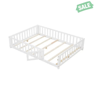 Montessori Bed Frame with Full-length Guardrails Safety Door and Latch-Gray Toddler Beds