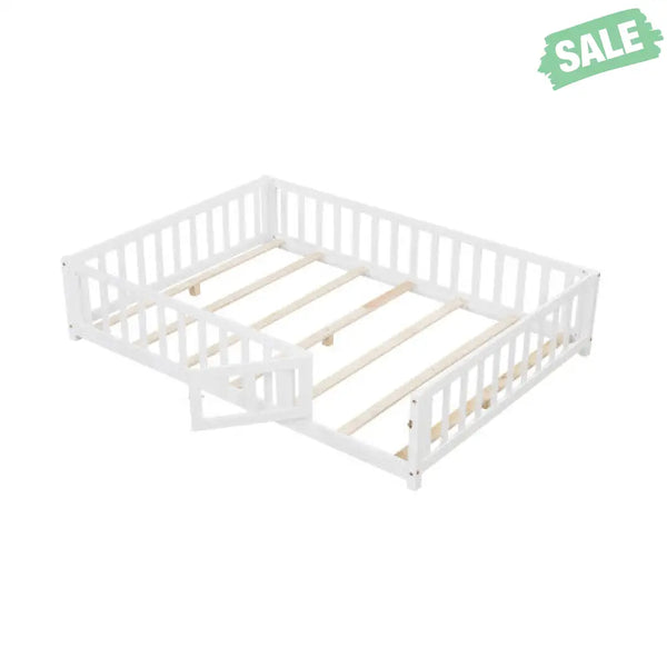 Montessori Bed Frame with Full-length Guardrails Safety Door and Latch-Gray Toddler Beds