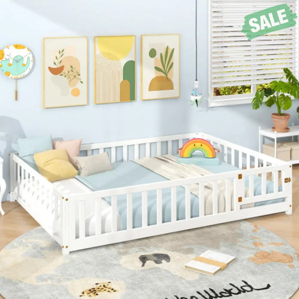 Montessori Bed Frame with Full-length Guardrails Safety Door and Latch-Gray Toddler Beds