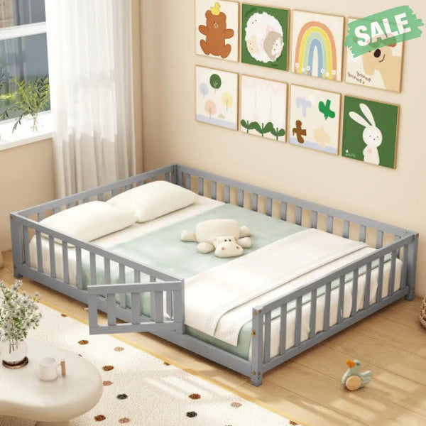 Montessori Bed Frame with Full-length Guardrails Safety Door and Latch-Gray Toddler Beds