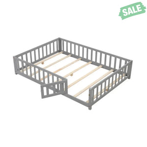 Montessori Bed Frame with Full-length Guardrails Safety Door and Latch-Gray Toddler Beds