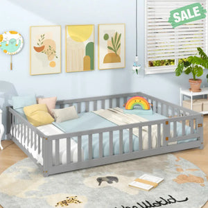 Montessori Bed Frame with Full-length Guardrails Safety Door and Latch-Gray Toddler Beds