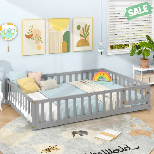 Montessori Bed Frame with Full-length Guardrails Safety Door and Latch-Gray Toddler Beds