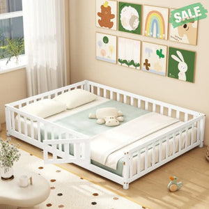 Montessori Bed Frame with Full-length Guardrails Safety Door and Latch-Gray Toddler Beds