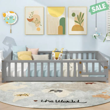 Montessori Bed Frame with Full-length Guardrails Safety Door and Latch-Gray Toddler Beds