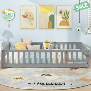 Montessori Bed Frame with Full-length Guardrails Safety Door and Latch-Gray Toddler Beds
