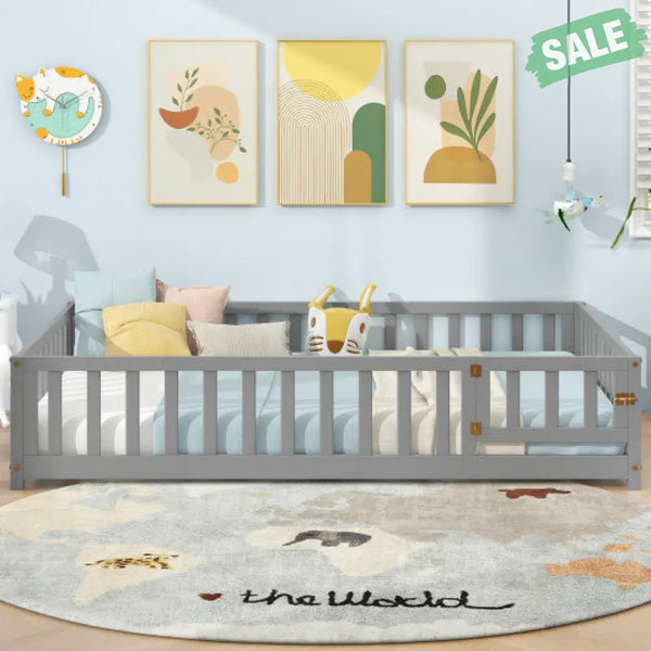Montessori Bed Frame with Full-length Guardrails Safety Door and Latch-Gray Toddler Beds